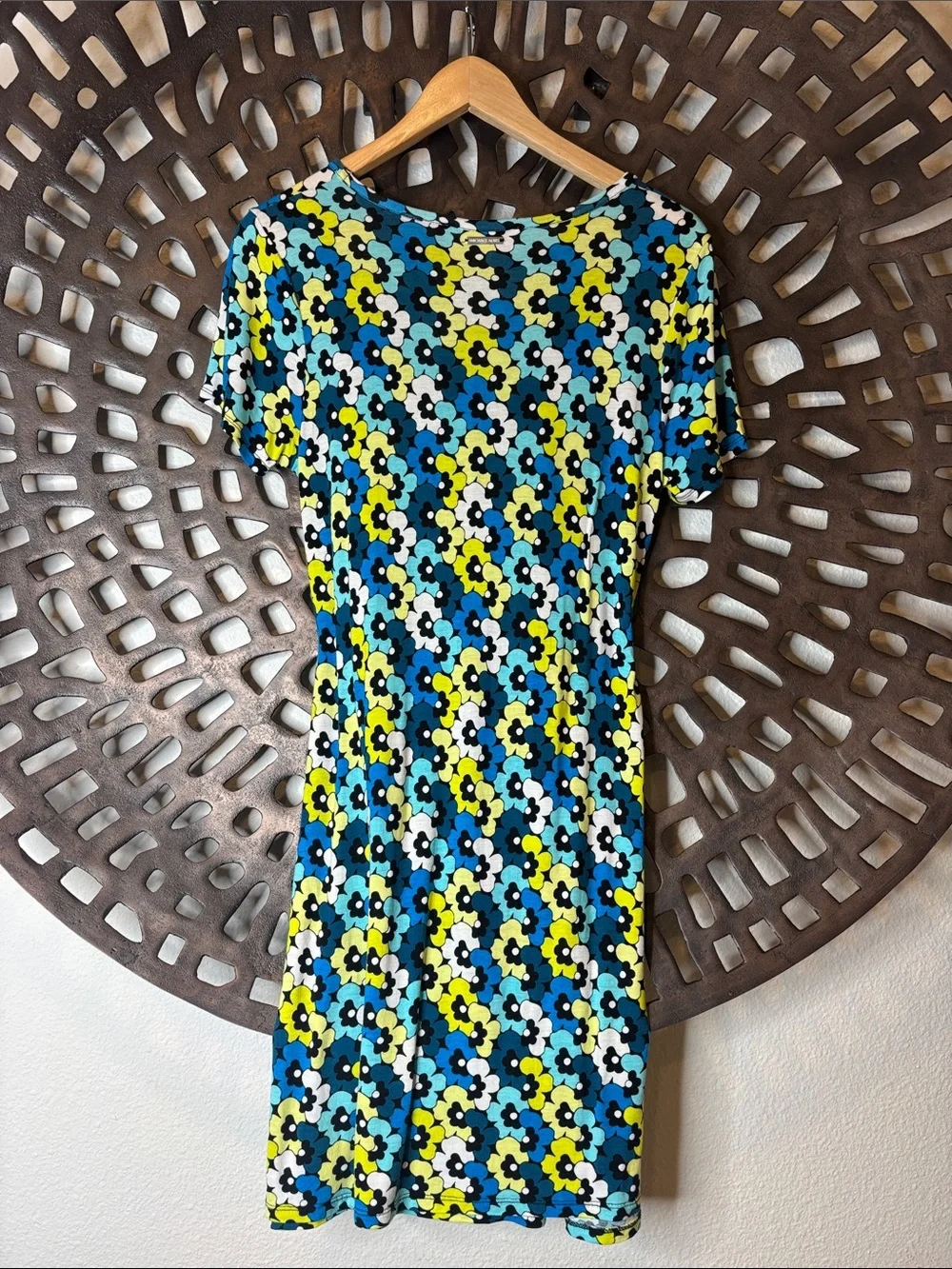 💙 Michael Kors Blue Yellow Floral Fit & Flare Dress Medium Stretch Short Sleeve